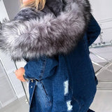 Women Winter Warm Fluffy Collar Hooded Denim Jacket