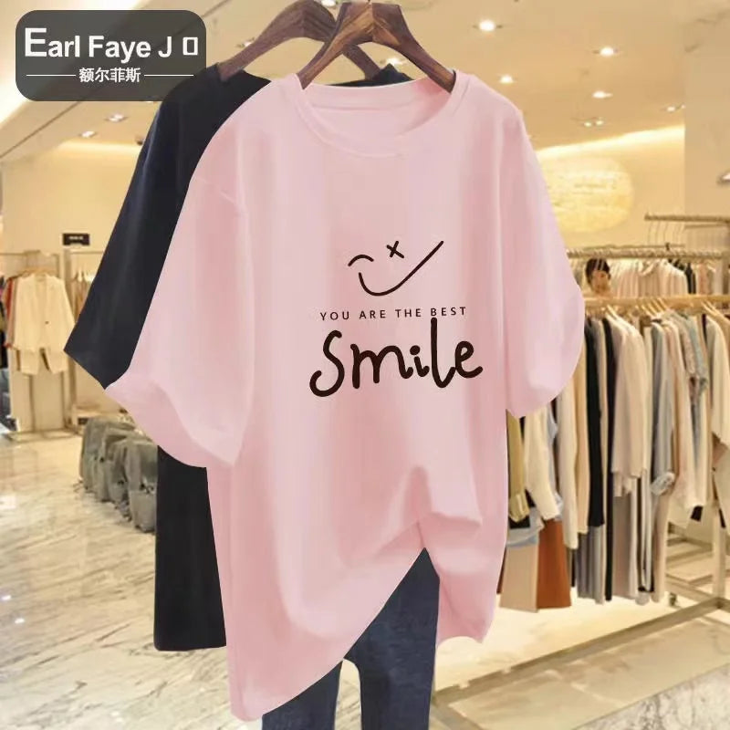 Summer Cotton T-Shirt Ladies Soft O-Neck Letter Print