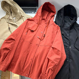 Washed Cotton Solid Color Zipper Hooded Jacket Womens