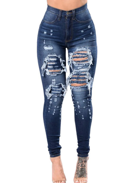 High Waist Ripped High Stretchy Jeans Zipper