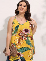 Polyester Women' Curvy Print Sunflower Pleated Loose Camis,