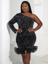 Party Dresses Sequin One Shoulder Long Sleeve Velvet