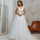 Ivory Applique Wedding Dress - Square Collar Sleeveless Backless 2024