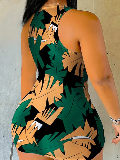 Leaf Print Sexy Slim-Fit Cami Dress Streetwear