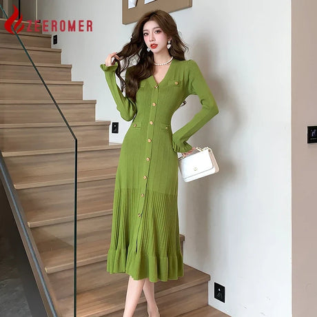 Spring French Fashion Green Knitted Mid Length Dress