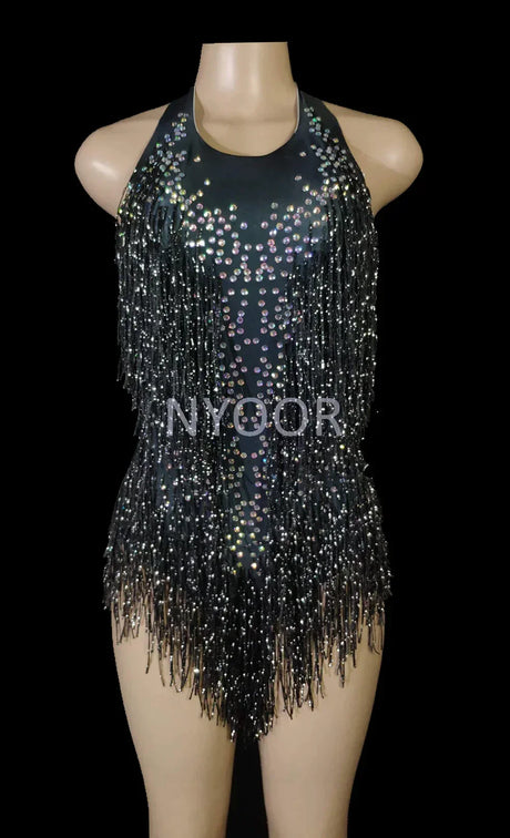 Sparkly Crystals Fringes Bodysuit Sexy Tassel Leotard Jazz