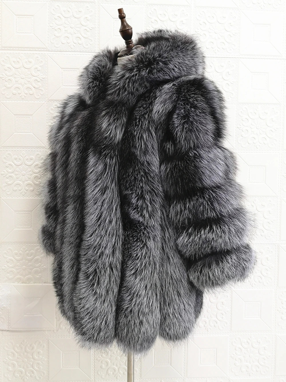 Hooded Silver Fox Fur Coat For Women, Plus