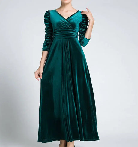 Women Clothing Long Dress Velvet Autumn V-Neck Evening