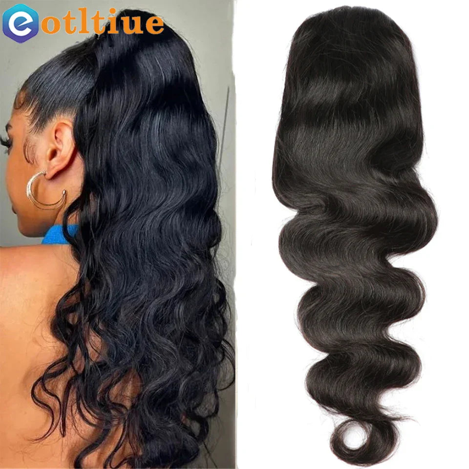 Body Wave Human Hair Drawstring Ponytail Clip In