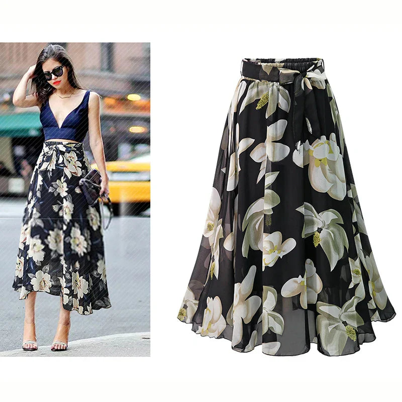 Print Floral Skirt Women Summer Loose Elastic High