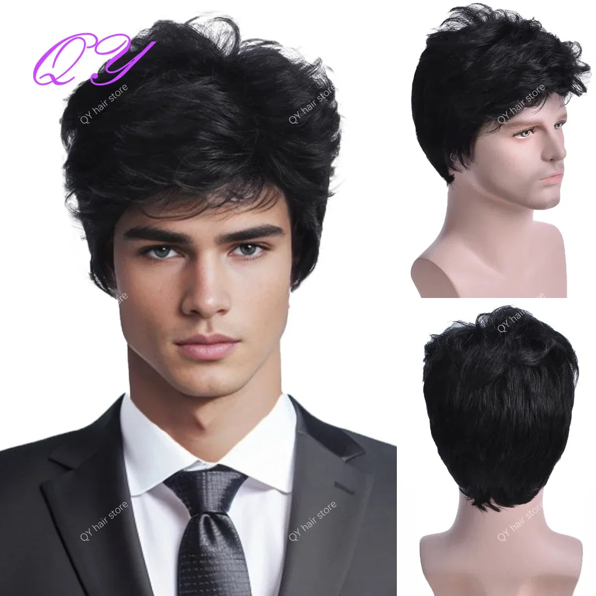 Synthetic Man Wigs Black Short Curly For Men