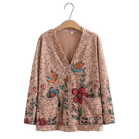 Plus Cardigan Women Spring Print V-Neck Two