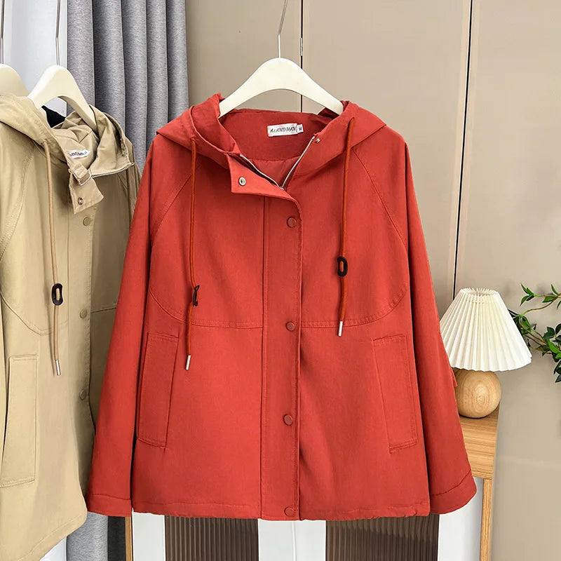 Washed Cotton Solid Color Zipper Hooded Jacket Womens