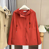 Washed Cotton Solid Color Zipper Hooded Jacket Womens