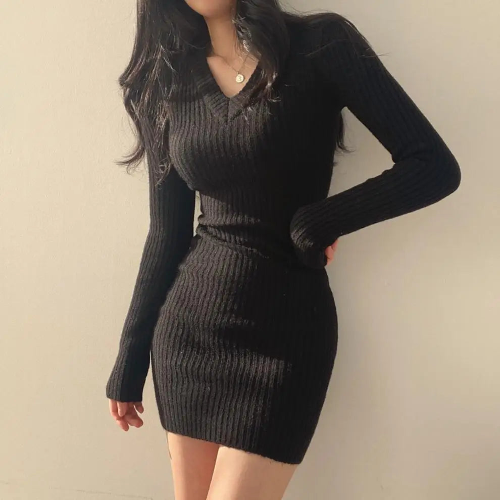 Combhasaki Women Retro Knitted Mini Bodycon Solid Color