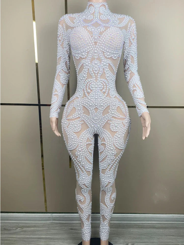 Luxury White Pearls Long Sleeves Women Bodysuit Transparent