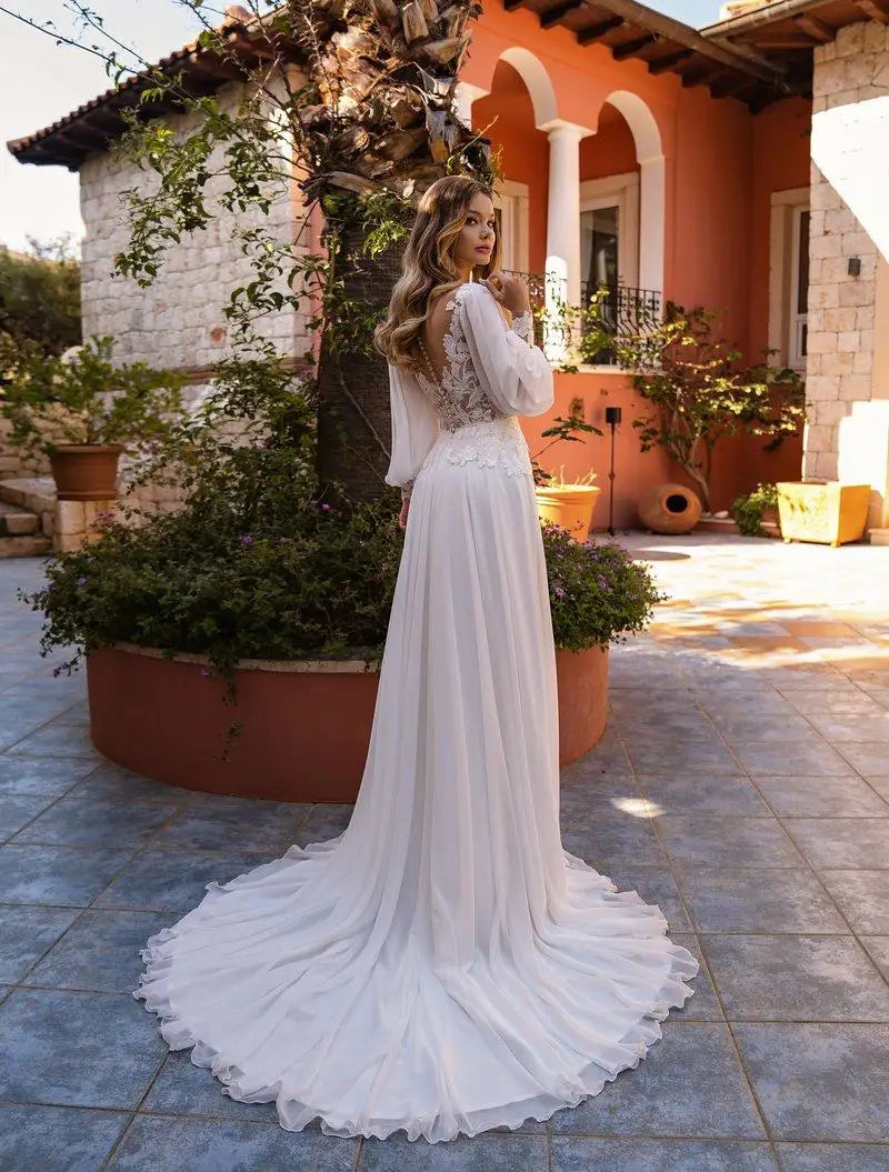 Sevintage Chiffon Long Puff Sleeves Wedding Dress Boho