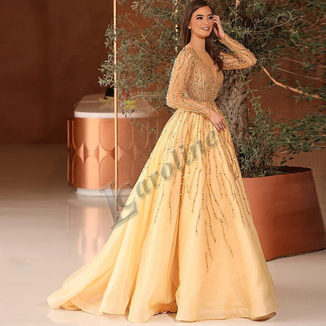 Caroline Light Yellow Beaded Evening Gown for Women