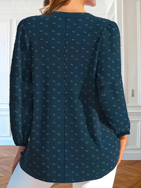 Women' Solid Swiss Dot Long Sleeve Notched Neck