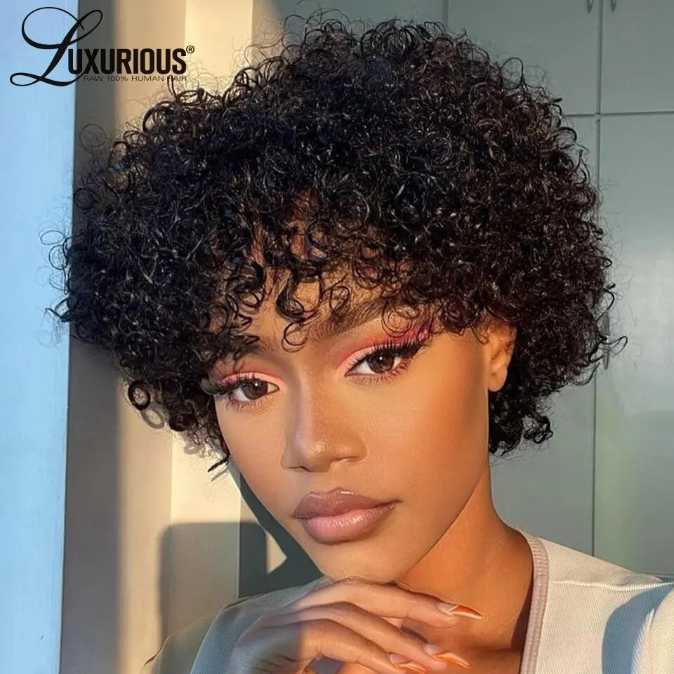 Brazilian Curly Human Hair Wigs With Bang Short