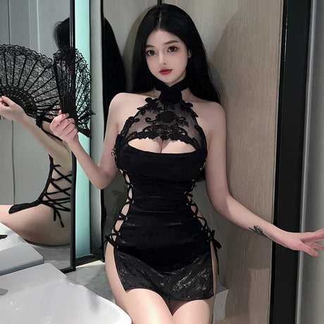 Sexy High Slit Hollow Lace Cheongsam Skirt Set