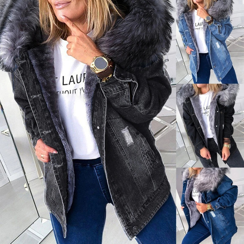 Women Winter Warm Fluffy Collar Hooded Denim Jacket