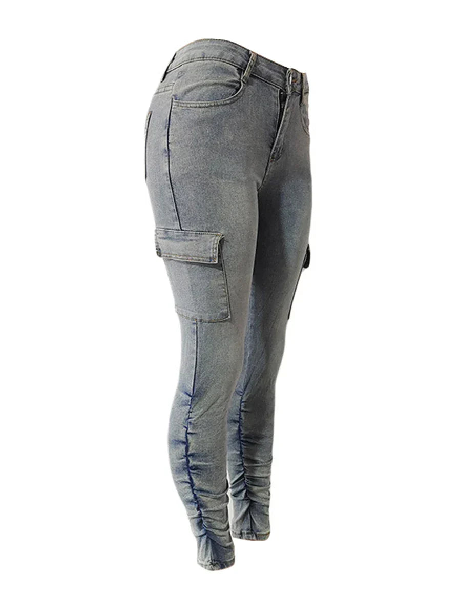 High Waist Side Flap Pocket Cargo Jeans