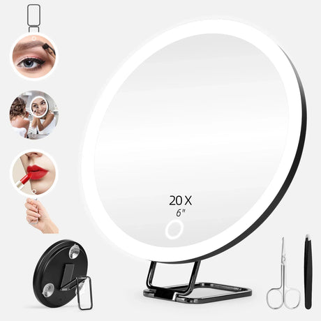 Portable Travel Magnified Mirror with 360° Adjustable Stand and Suction Cup