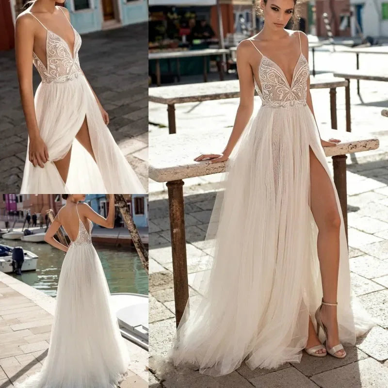 Beach Wedding Dresses Boho Side Slit Spaghetti Strap