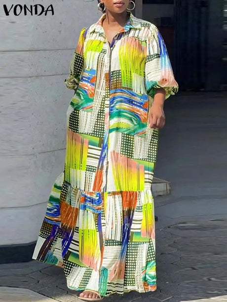 Vonda Summer Bohemian Printed Dress Women Elegant
