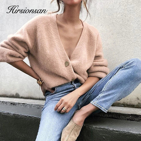 Hirsionsan Elegant Long Sleeve Mohair Sweater Women New