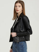 Faux Leather Jacket Women Turndown Collar Pu Motorcycle