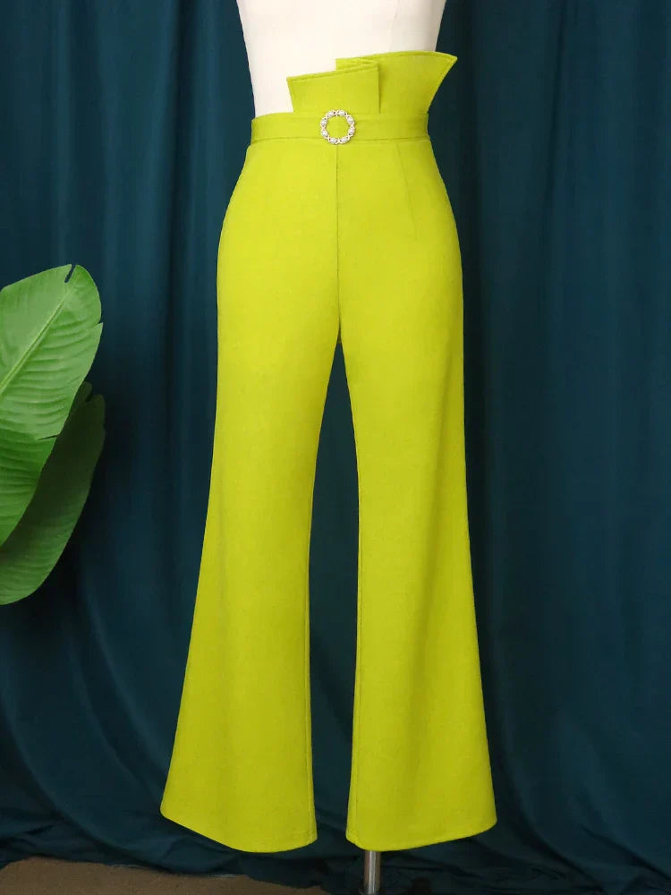 High Waist Pants 3Xl 4Xl Ruffles Green Wide