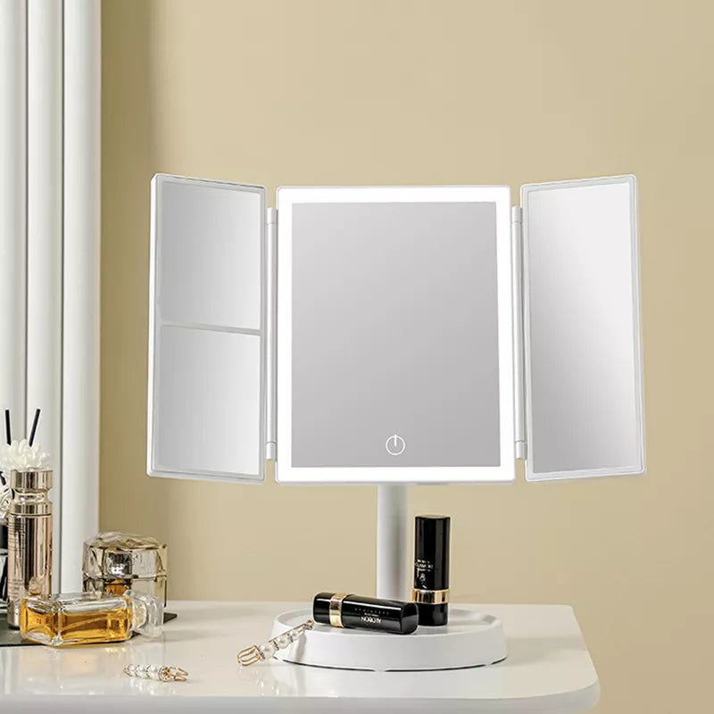 Foldable LED Makeup Mirror - 3 Light Tones, 360° Adjustable, Rechargeable