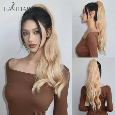 Synthetic Ponytail Pink Long Wavy Claw Clip Ponytail