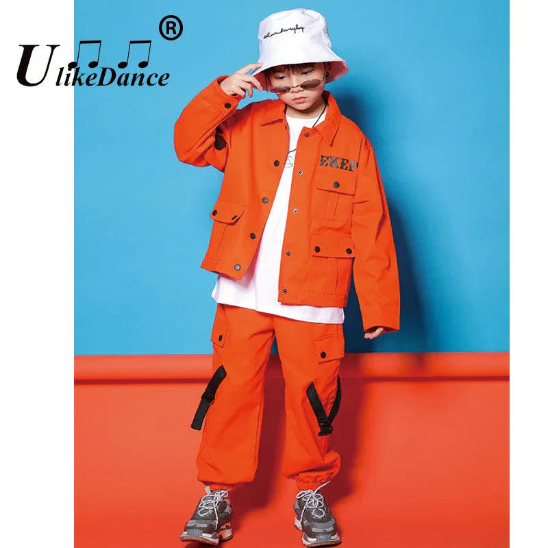 Kids Jazz Costumes Orange Long Sleeve Jacket Pants