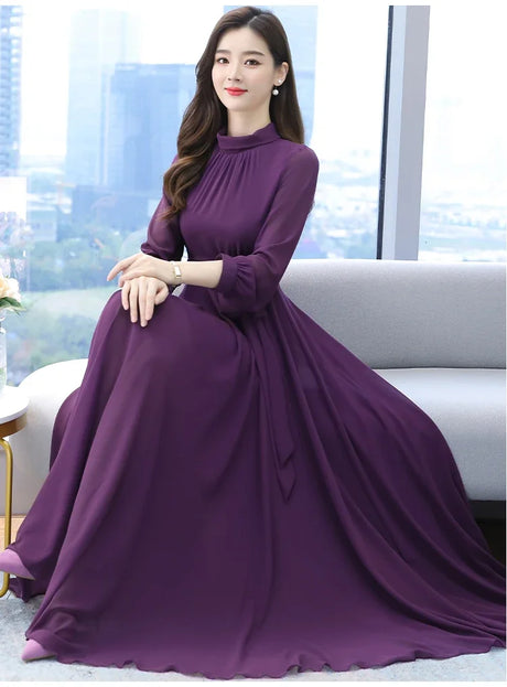 Spring Autumn Women Maxi Dresses Female Vintage Full