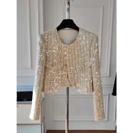 Kusahiki Elegant Chic Blingbling Sequins Short Coat Autumn