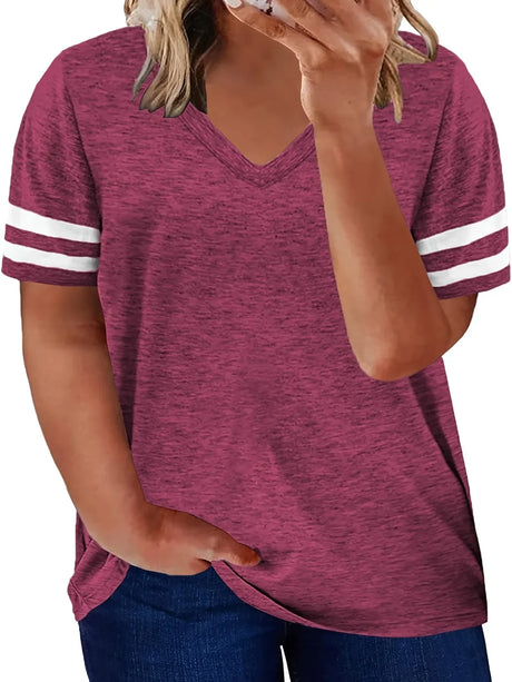 Colorblock V Neck T-Shirt, Women' Plus Slight Stretch