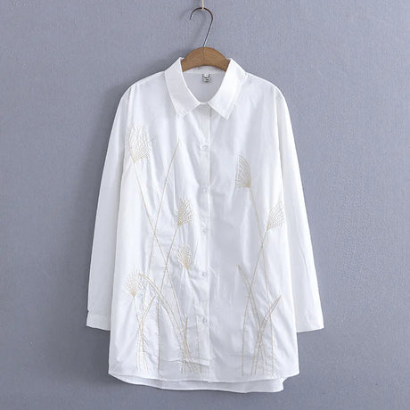 4Xl Shirt Women Spring Vintage Grass Embroidery Ice