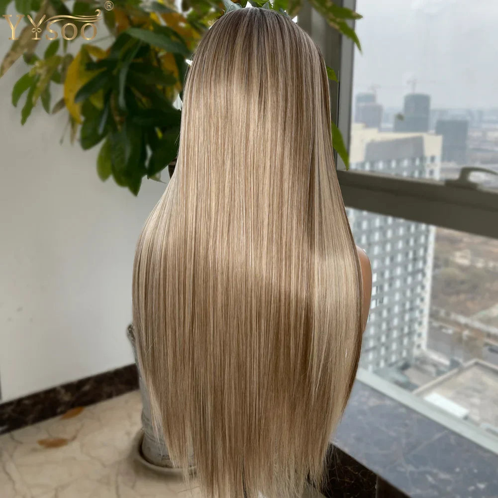 Yysoo Long Silky Straight Ombre Highlights Synthetic Wig