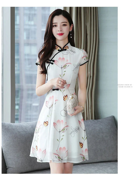 Summer New Modern Improved Cheongsam Chiffon Printing Vintage