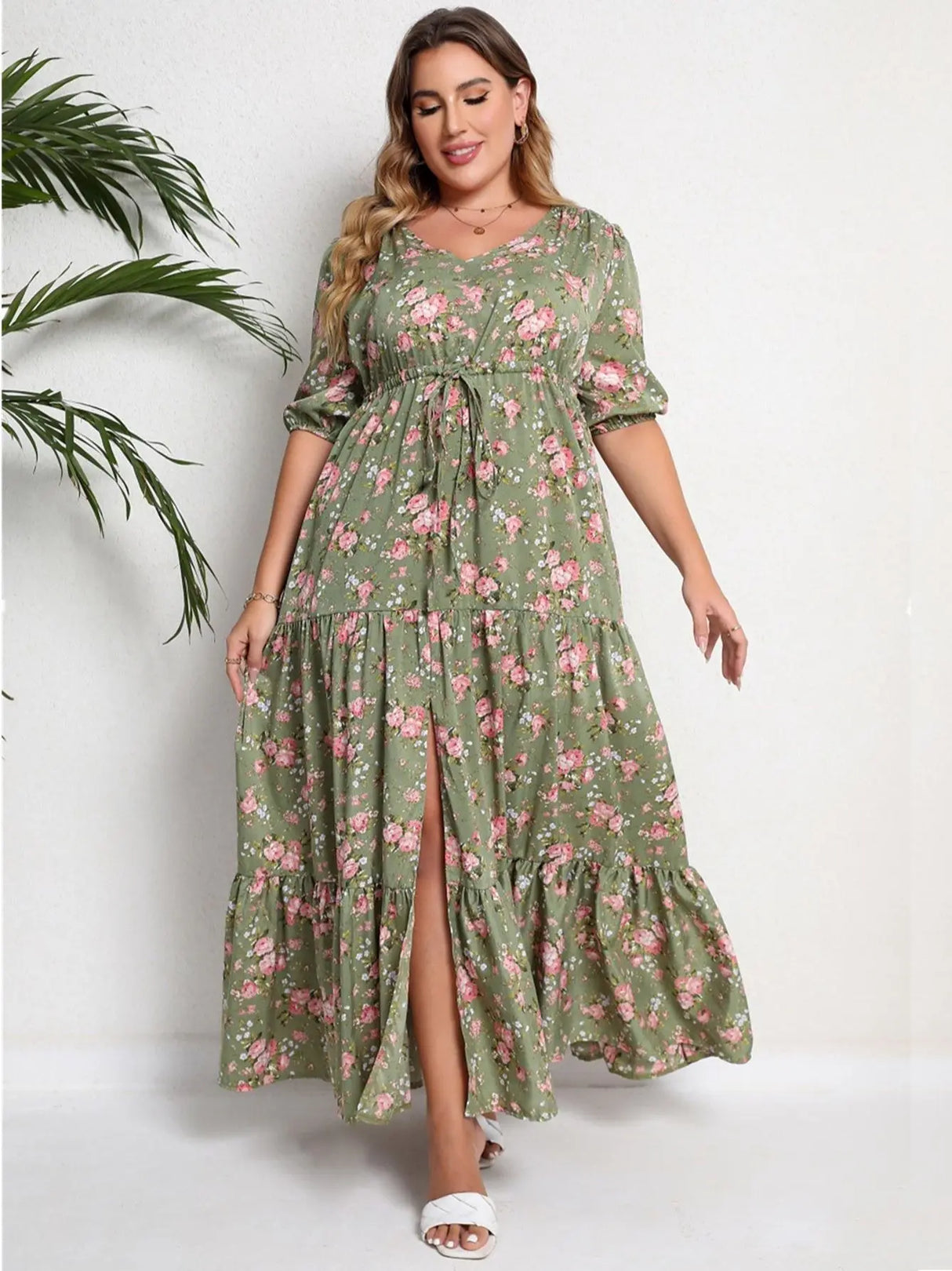 Floral Print Half Sleeve Split Hem Maxi V