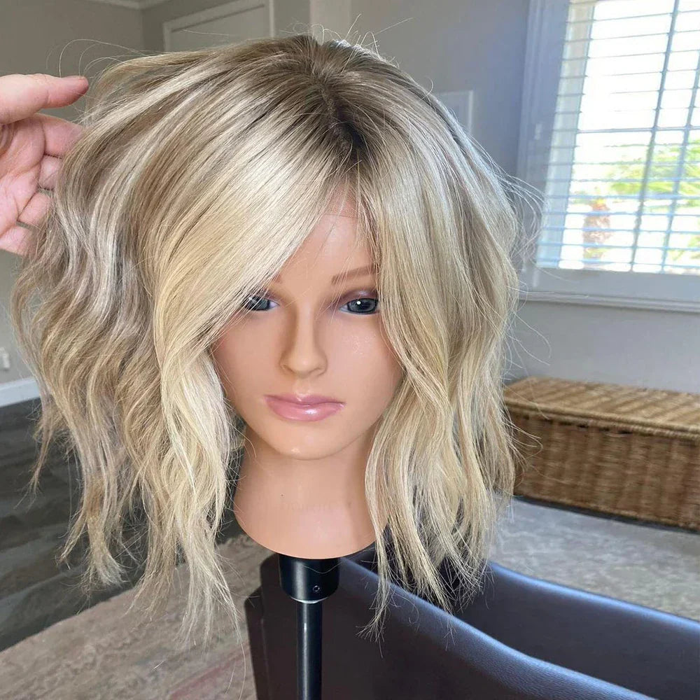 Ashy Blonde Balayage Natural Wave Wig With Roots