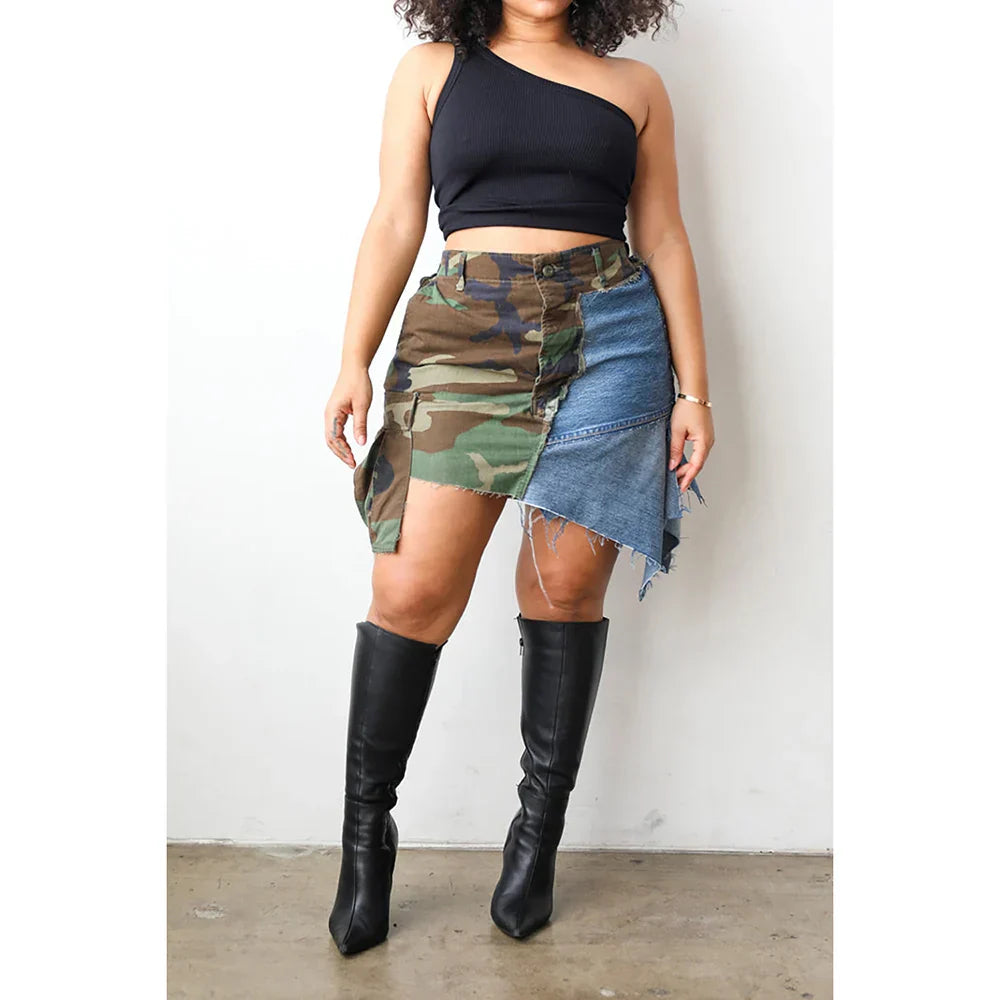 Daily Skirt Army Green High Waist Camo Denim