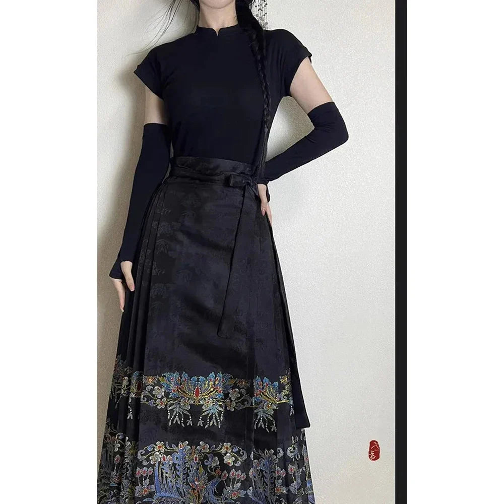 Chinese Style Traditional Pleated Skirt For Women Black