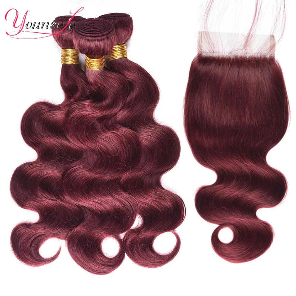 Burgundy Human Hair Bundles With Closure J Body