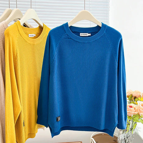 Simple Label Hem Slit Knit Sweater Womens Autumn