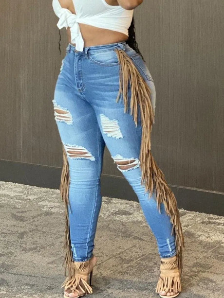 Lw Summer Jeans Tassel Design Ripped Jeans Skinny