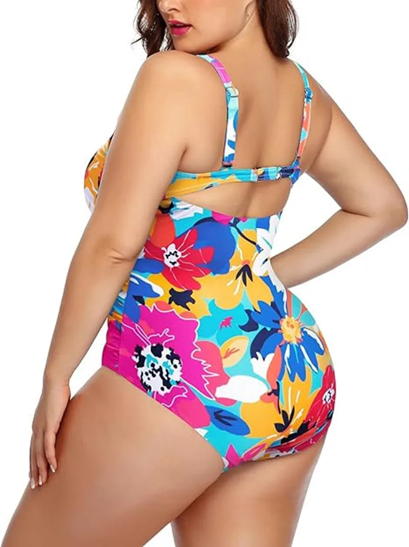 One Piece Floral Printed Women Swimsuits Cutout Tummy